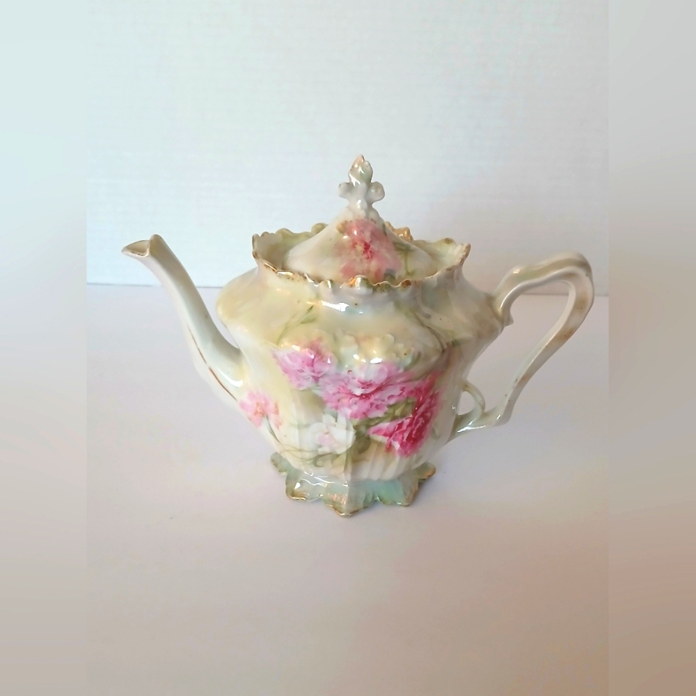 19th Century Antique RS Prussia Red Mark Porcelain Floral Hand Painted Tea Pot